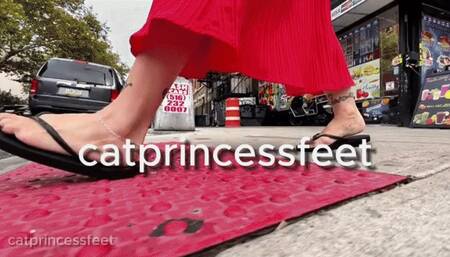 Walk with me to get my lunch and stare at my feet in flip flops, purple toes, milf feet