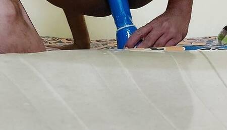 Sissy playing with bathroom cleaning brush thinking of big cock