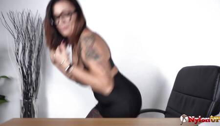 Super hot brunette Diana Zilli showing off her feet and playing with her dildo in the office