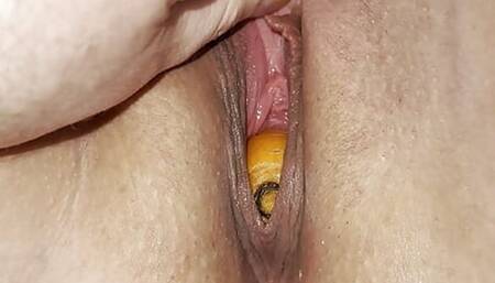 Tied up gagged and a whole carrot is pushed inside my pussy watch it throbbing inside me as I'm moaning till I cum
