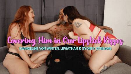 Covering Him in Our Lipstick Kisses ft Evangeline von Winter and Leviathan - A lipstick fetish scene featuring: kissing, lip fetish, made-to-kiss, red lipstick, lipstick marks, and sensual domination - 1080 WMV