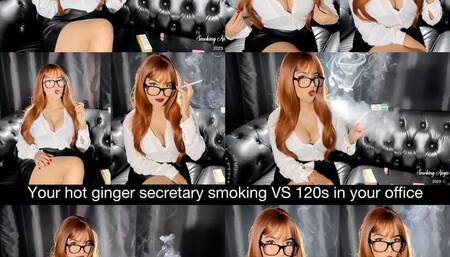 Your hot ginger secretary smokes a virginia slims 120s in your office while seducing you into giving her a raise!