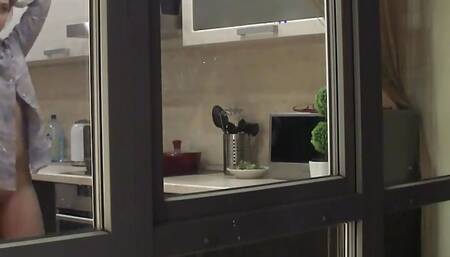 Watching my stepdad destroying my stepsister's pussy in the kitchen