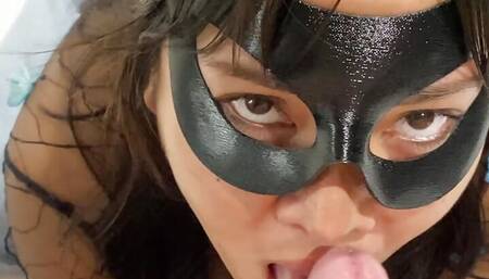 Horny asian with mask give sloppy deepthroat blowjob