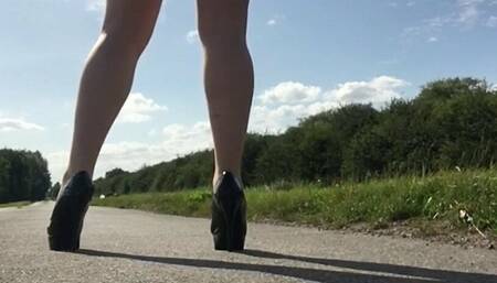 Crossdressing and undressing outdoors heels tiny cock