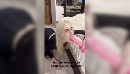 skinny blonde teen gives dildo a hot blowjob