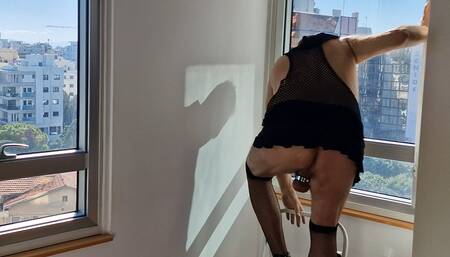 Sissy Slut Stefan Nolte exposed to office neighbourhood while repairing window blinds in her office in Nicosia, Cyprus