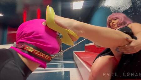 Slave cleaning shoes, stepped on and humiliated