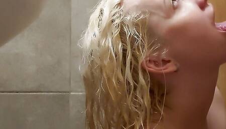 Hard fuck with deep blowjob in the shower, cum in mouth