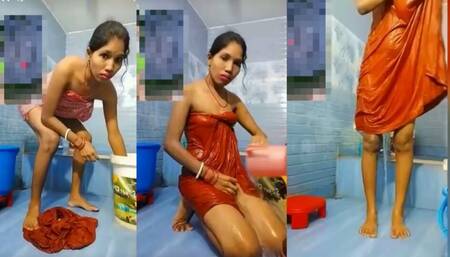 Desi hot girl dress removing bathing showing for stepbrother small boobs showing