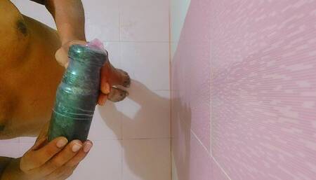 Horny Sissy slut tries huge dildo against bathroom wall and moans in ecstasy!
