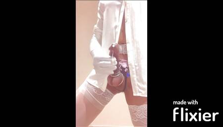 och cums in white lingerie