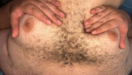 Chubby gay bear shaking moobs + playing with big nipples