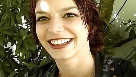 Slender French girl swallowing cum at the backyard