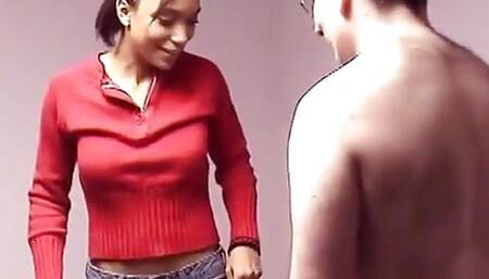 Cute black girl stares blankly as she is fucked from behind on india blanket