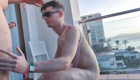 Twinks gets fucked bareback outdoor on his balcony