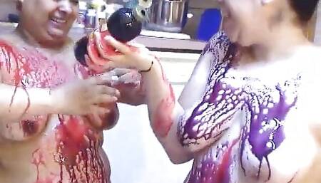 Fat and BBW latinas use creams on their bodies in the kitchen