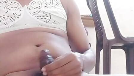Cute ladyboy in white bra and masturbate himself