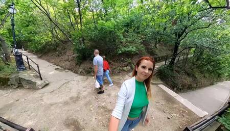 Cumwalk in Budapest, at the foot of Gellért Hill. Cumface, licking and breast care outdoors.