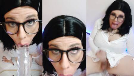 Trans girl Snowycd sucks a dildo and masturbates