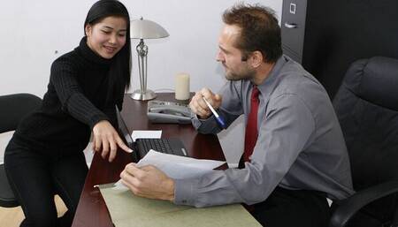Office pound in the cowgirl pose with a hot Asian brunette Oi