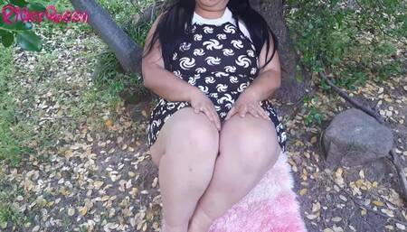 mature bbw enjoys masturbating outdoors, in the middle of nature
