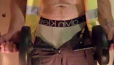 Request to wear his tradie gear and to strip while using dumbbells