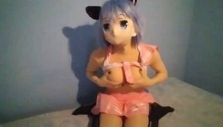 Cute neko anime schoolgirl playing with her boobs teasing - Shirotaku Kigurumi