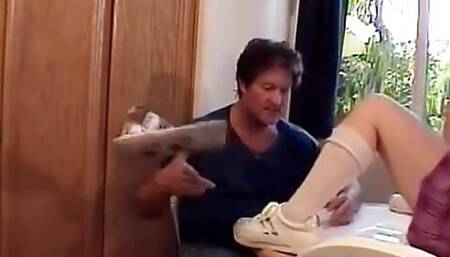 Wild blond teen in stockings rides a massive cock on couch