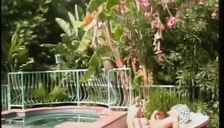 Busty blonde and brunette lick pussy and use toys poolside