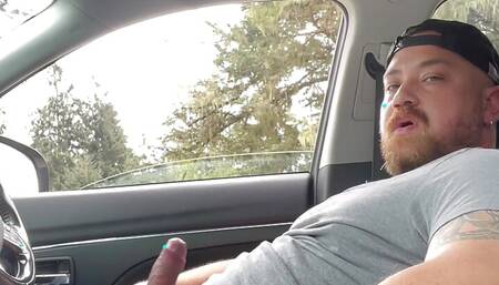 Handsome stocky beefy jock masturbating in car
