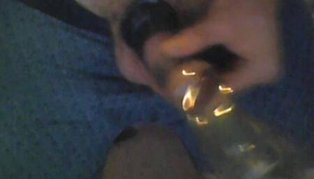Dick with Rings and Sleeve Vacuum Sucking with Juice Bottle