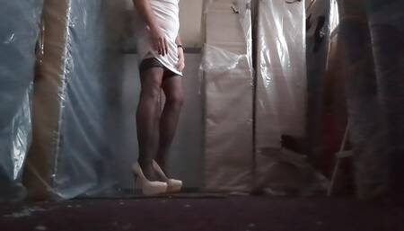 New dress try on with 7 inch heels, black tights and cum shot