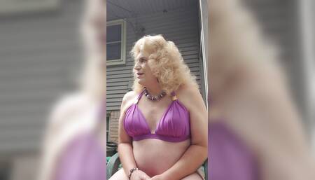 Backyard bathing suit with the neighbors out.