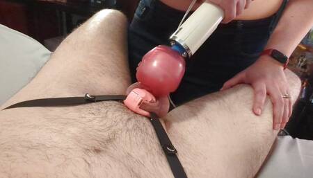 Hotwife Teasing Caged Cuckold with Magic Wand