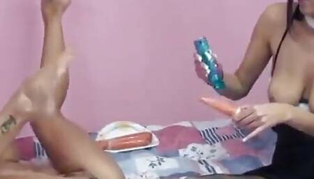 Erotic babe dildo fucking her partner in a lesbian session