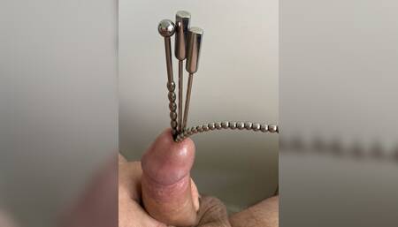 #17 Extreme urethral sounding. Multiple different objects stuffed in cock + cum.