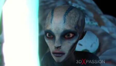 Alien sex. Spacewoman in spacesuit plays with alien on the exoplanet