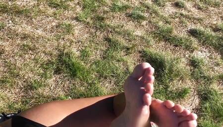 Foot play on beach and dick flash