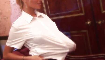 Two butlers start an anal threesome with their blonde milf boss in which they DP and creampie her