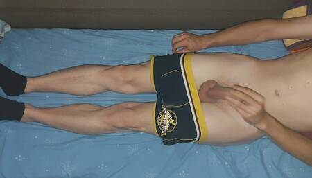 Young Guy in Boxers Milking His Uncut Fat Cock