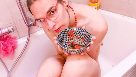 It's a fruit, silly! (Trans MILF Odette Vesper play with food and oil in bathtub)