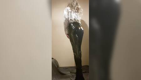 Crossdresser in PVC leggings & satin blouse