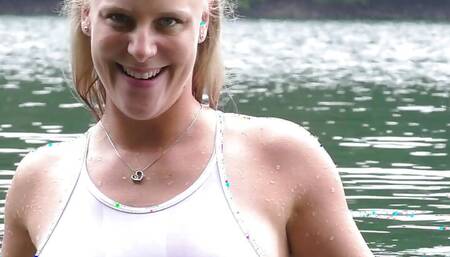 Lara CumKitten - Public in swimsuit - Notgeil posing and jerking off at the lake