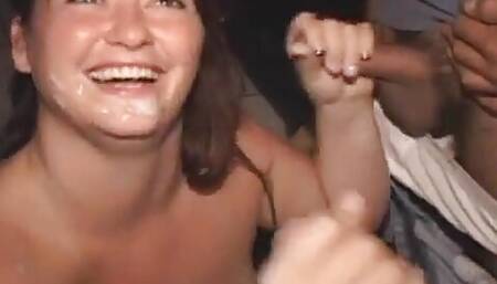 Circle Jerk Blowbang Bitch All Races Mouth Fuck in Porno Theater Nastiest Semen Shot at Her!