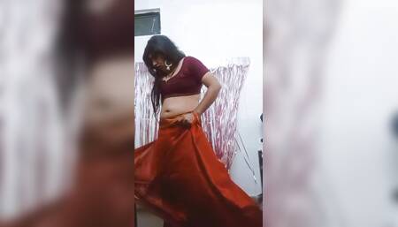 Desi Crossdresser wearing Clumsy saree and teasing & wanking in black lingerie