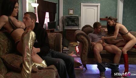 Foursome Home Party with Horny Skinny Teens and Big Cocks