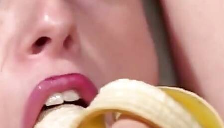 Blonde Babe Eats a Banana and a Guy's Dick Before Getting Her Sweet Pussy Pumped