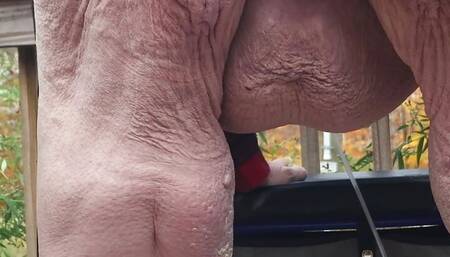 stroking my tiny cock on my back porch