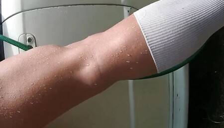 Car Wash with striptease at garden wet shirt - naked washing the car